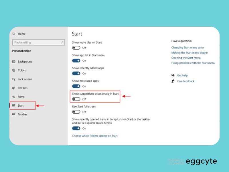 off kan pilihan Shows Suggestions Occasionally in Start